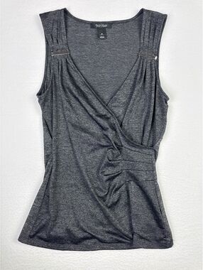 White House Black Market Sleeveless Gray Wrap Front Top with Silver Accent, Size